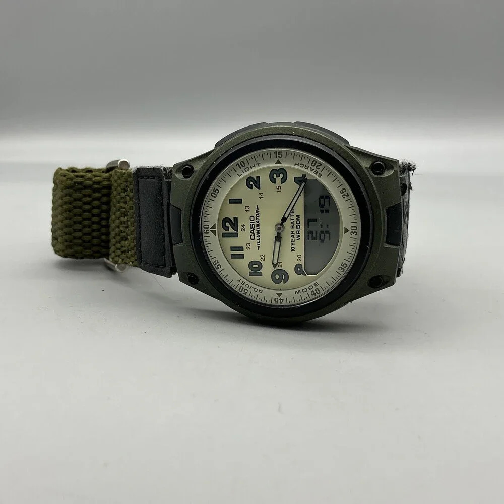 Casio 2747 AW-80 Mens Watch 40mm Beige Dial Green Telememo 30 Illuminator